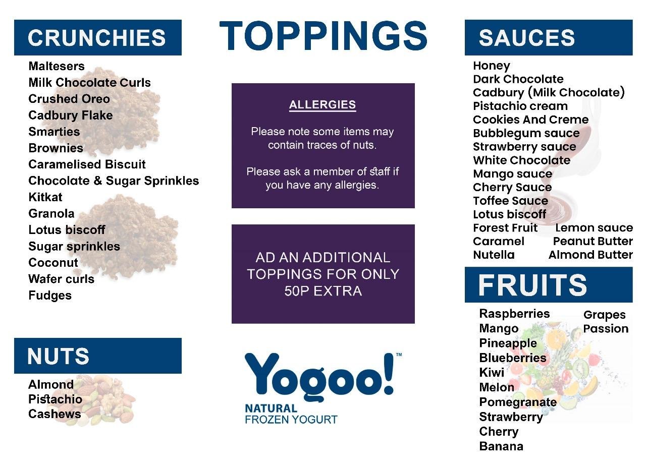 Yooo Frozen Yogurt — Toppings — Menu Design by Norvanta Studio